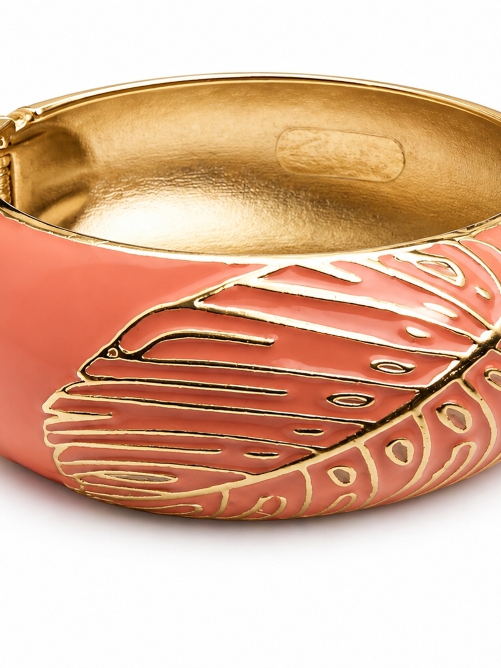 Coral Enamel Gold Leaf Bangle Bracelet Statement Piece